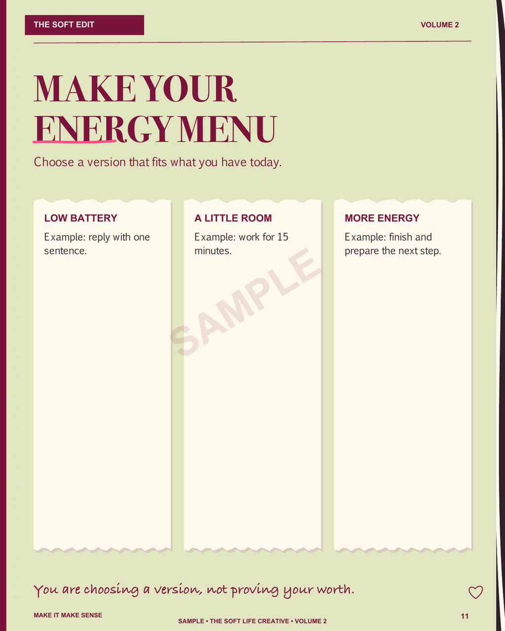 Sample exercise — Make Your Energy Menu (watermarked). Match a small step to your available energy.
